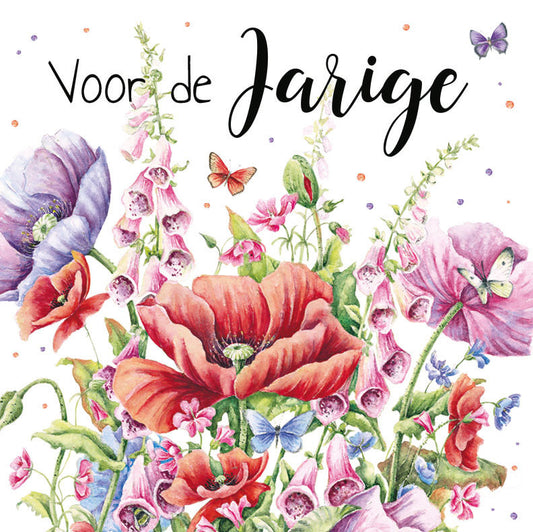 Minikaartje - Voor de jarige - Formaat: Klein - Vorm: Vierkant - Verjaardagskaart - Op deze wenskaart staan bloemen in de kleuren rood, roze, paars, blauw en groen, met daarboven de tekst: "Voor de jarige". - Snelwenskaart