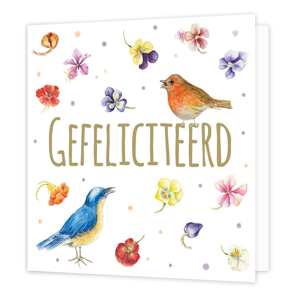 Minikaartje - Gefeliciteerd - Formaat: Klein - Vorm: Vierkant - Verjaardagskaart - Op deze wenskaart staan bloemen en vogels met in het midden de tekst: "Gefeliciteerd". - Snelwenskaart