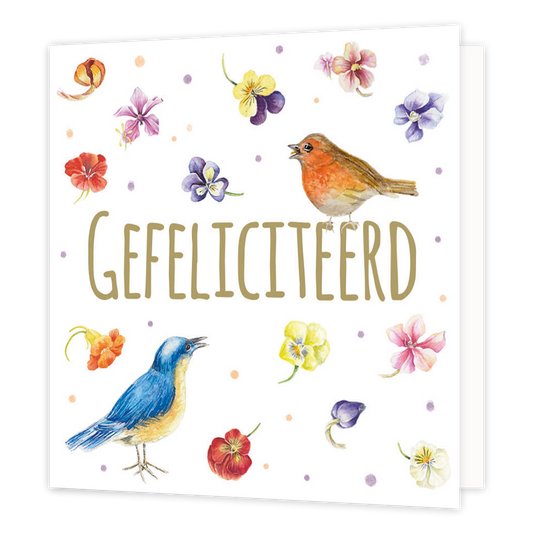 Minikaartje - Gefeliciteerd - Formaat: Klein - Vorm: Vierkant - Verjaardagskaart - Op deze wenskaart staan bloemen en vogels met in het midden de tekst: "Gefeliciteerd". - Snelwenskaart
