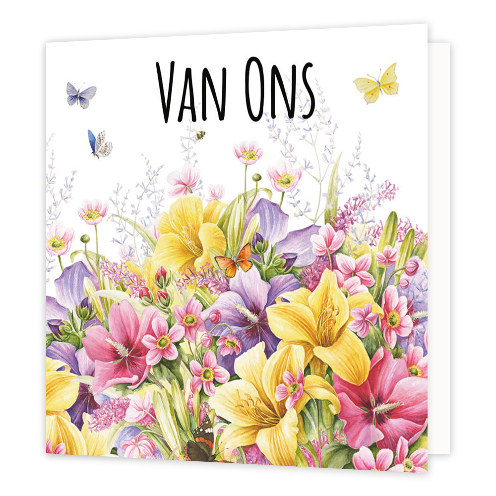 Minikaartje - Van ons - Formaat: Klein - Vorm: Vierkant - Denken aan kaart - Op deze wenskaart staan bloemen in de kleuren geel, paars, roze en groen, met daarboven de tekst: "Van ons". - Snelwenskaart