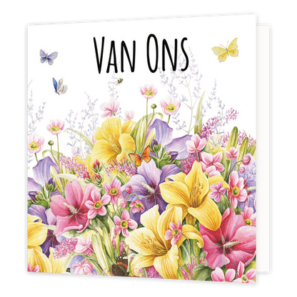 Minikaartje - Van ons - Formaat: Klein - Vorm: Vierkant - Denken aan kaart - Op deze wenskaart staan bloemen in de kleuren geel, paars, roze en groen, met daarboven de tekst: "Van ons". - Snelwenskaart