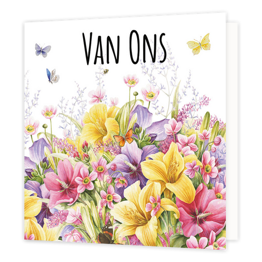 Minikaartje - Van ons - Formaat: Klein - Vorm: Vierkant - Denken aan kaart - Op deze wenskaart staan bloemen in de kleuren geel, paars, roze en groen, met daarboven de tekst: "Van ons". - Snelwenskaart