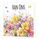 Minikaartje - Van ons - Formaat: Klein - Vorm: Vierkant - Denken aan kaart - Op deze wenskaart staan bloemen in de kleuren geel, paars, roze en groen, met daarboven de tekst: "Van ons". - Snelwenskaart