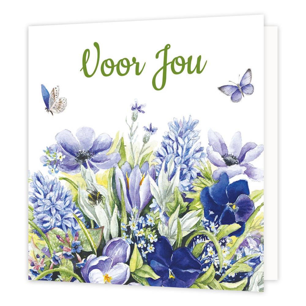 Minikaartje - Voor jou - Formaat: Klein - Vorm: Vierkant - Denken aan kaart - Op deze wenskaart staan bloemen in de kleuren blauw, paars en groen, met daarboven de tekst: "Voor jou". - Snelwenskaart