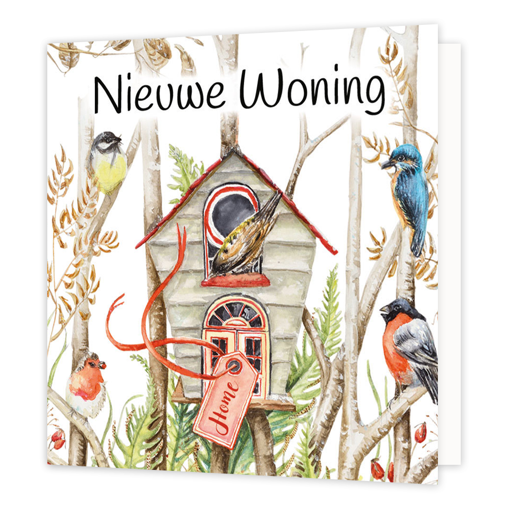 Minikaartje - Nieuwe woning - Formaat: Klein - Vorm: Vierkant - Woningkaart - Op deze wenskaart staan vogels en een vogelhuisje met daarboven de tekst: "Nieuwe woning". - Snelwenskaart
