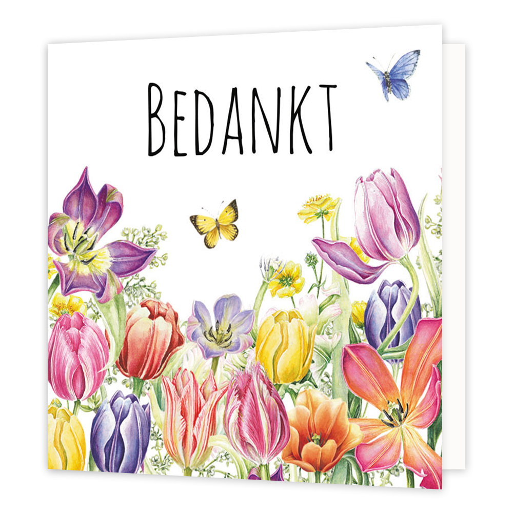 Minikaartje - Bedankt - Formaat: Klein - Vorm: Vierkant - Bedankkaart - Op deze wenskaart staan bloemen in de kleuren rood, geel, paars, roze en groen, met daarboven de tekst: "Bedankt". - Snelwenskaart