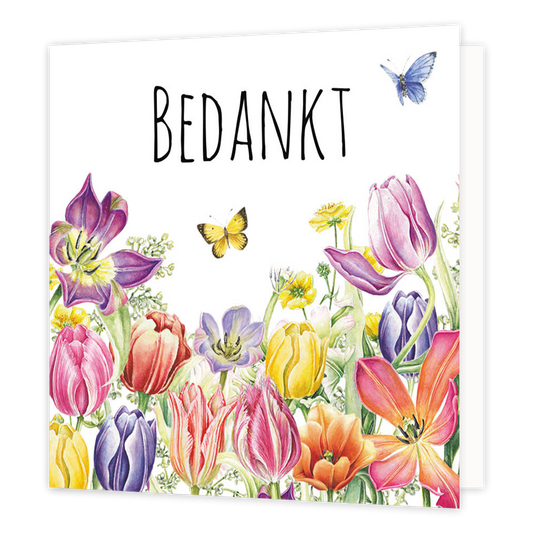 Minikaartje - Bedankt - Formaat: Klein - Vorm: Vierkant - Bedankkaart - Op deze wenskaart staan bloemen in de kleuren rood, geel, paars, roze en groen, met daarboven de tekst: "Bedankt". - Snelwenskaart