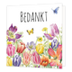 Minikaartje - Bedankt - Formaat: Klein - Vorm: Vierkant - Bedankkaart - Op deze wenskaart staan bloemen in de kleuren rood, geel, paars, roze en groen, met daarboven de tekst: "Bedankt". - Snelwenskaart