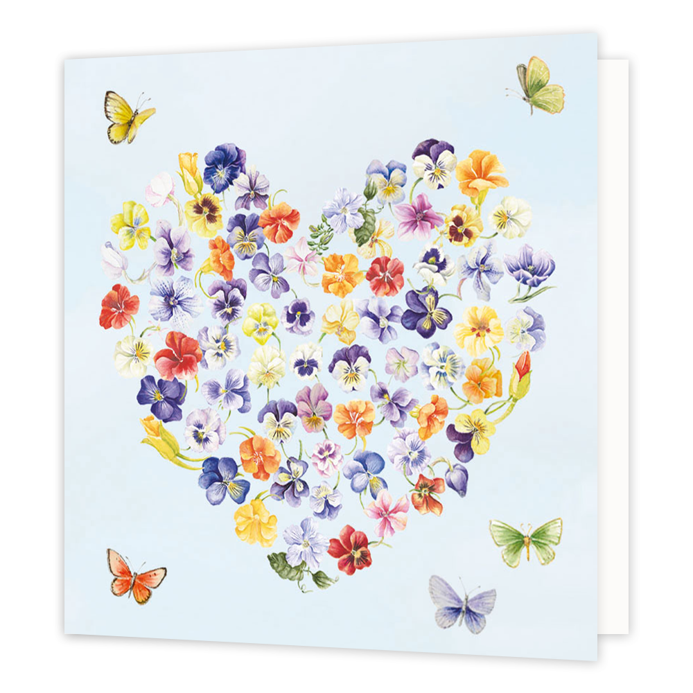 Minikaartje - Hart - Formaat: Klein - Vorm: Vierkant - Blanco kaart - Op deze wenskaart staat een hartje gemaakt van bloemen in de kleuren groen, geel, paars, blauw, oranje en rood. - Snelwenskaart