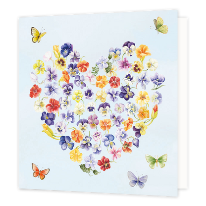 Minikaartje - Hart - Formaat: Klein - Vorm: Vierkant - Blanco kaart - Op deze wenskaart staat een hartje gemaakt van bloemen in de kleuren groen, geel, paars, blauw, oranje en rood. - Snelwenskaart