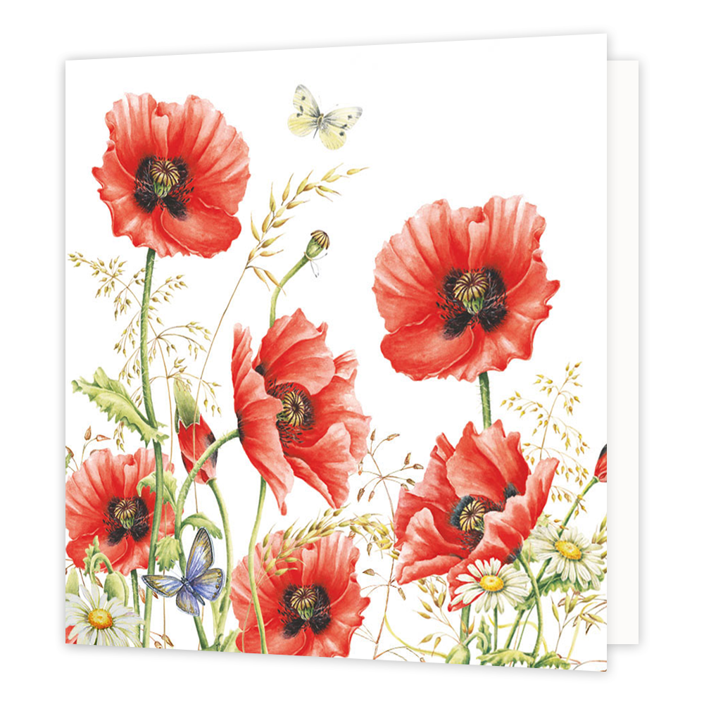Minikaartje - Klaproos - Formaat: Klein - Vorm: Vierkant - Blanco kaart - Op deze wenskaart staan rode klaprozen met gele bloemen er omheen en vlinders. - Snelwenskaart