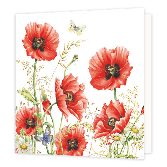 Minikaartje - Klaproos - Formaat: Klein - Vorm: Vierkant - Blanco kaart - Op deze wenskaart staan rode klaprozen met gele bloemen er omheen en vlinders. - Snelwenskaart