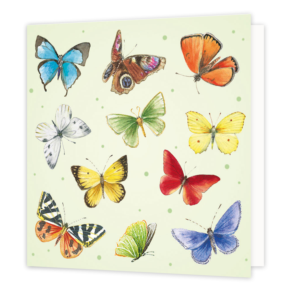Minikaartje - Vlinders - Formaat: Klein - Vorm: Vierkant - Blanco kaart - Op deze wenskaart staan vlinders in de kleuren rood, geel, groen, oranje, paars en blauw. - Snelwenskaart