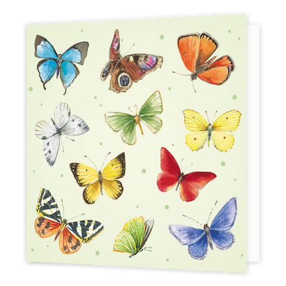 Minikaartje - Vlinders - Formaat: Klein - Vorm: Vierkant - Blanco kaart - Op deze wenskaart staan vlinders in de kleuren rood, geel, groen, oranje, paars en blauw. - Snelwenskaart