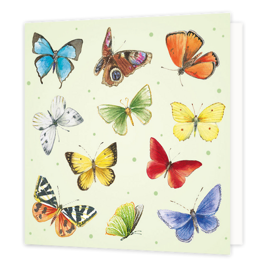 Minikaartje - Vlinders - Formaat: Klein - Vorm: Vierkant - Blanco kaart - Op deze wenskaart staan vlinders in de kleuren rood, geel, groen, oranje, paars en blauw. - Snelwenskaart