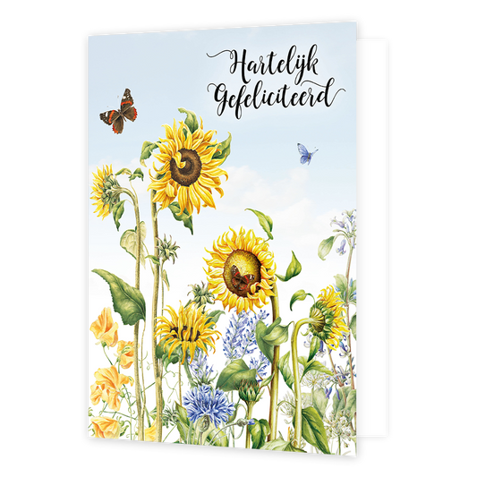 XL kaart - Hartelijk gefeliciteerd - Formaat: Groot - Vorm: Staand - Felicitatiekaart - Op deze wenskaart staan zonnebloemen met vlinders en daarboven de tekst: "Hartelijk gefeliciteerd". - Snelwenskaart