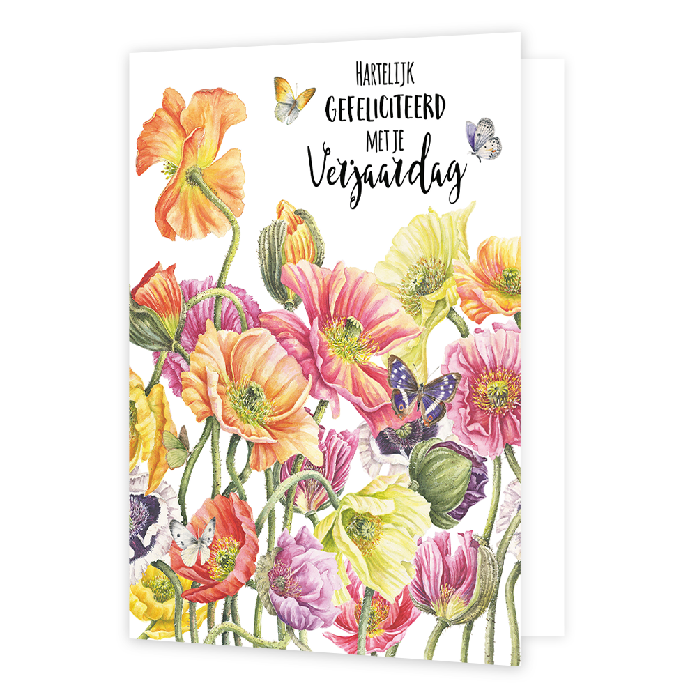 XL kaart - Hartelijk gefeliciteerd - Formaat: Groot - Vorm: Staand - Verjaardagskaart - Op deze wenskaart staan bloemen in de kleuren oranje, paars, roze en geel, met vlinders en de tekst: "Hartelijk gefeliciteerd met je verjaardag". - Snelwenskaart