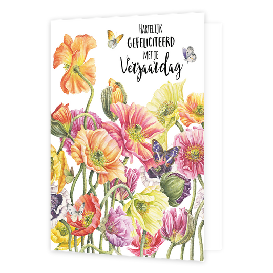 XL kaart - Hartelijk gefeliciteerd - Formaat: Groot - Vorm: Staand - Verjaardagskaart - Op deze wenskaart staan bloemen in de kleuren oranje, paars, roze en geel, met vlinders en de tekst: "Hartelijk gefeliciteerd met je verjaardag". - Snelwenskaart