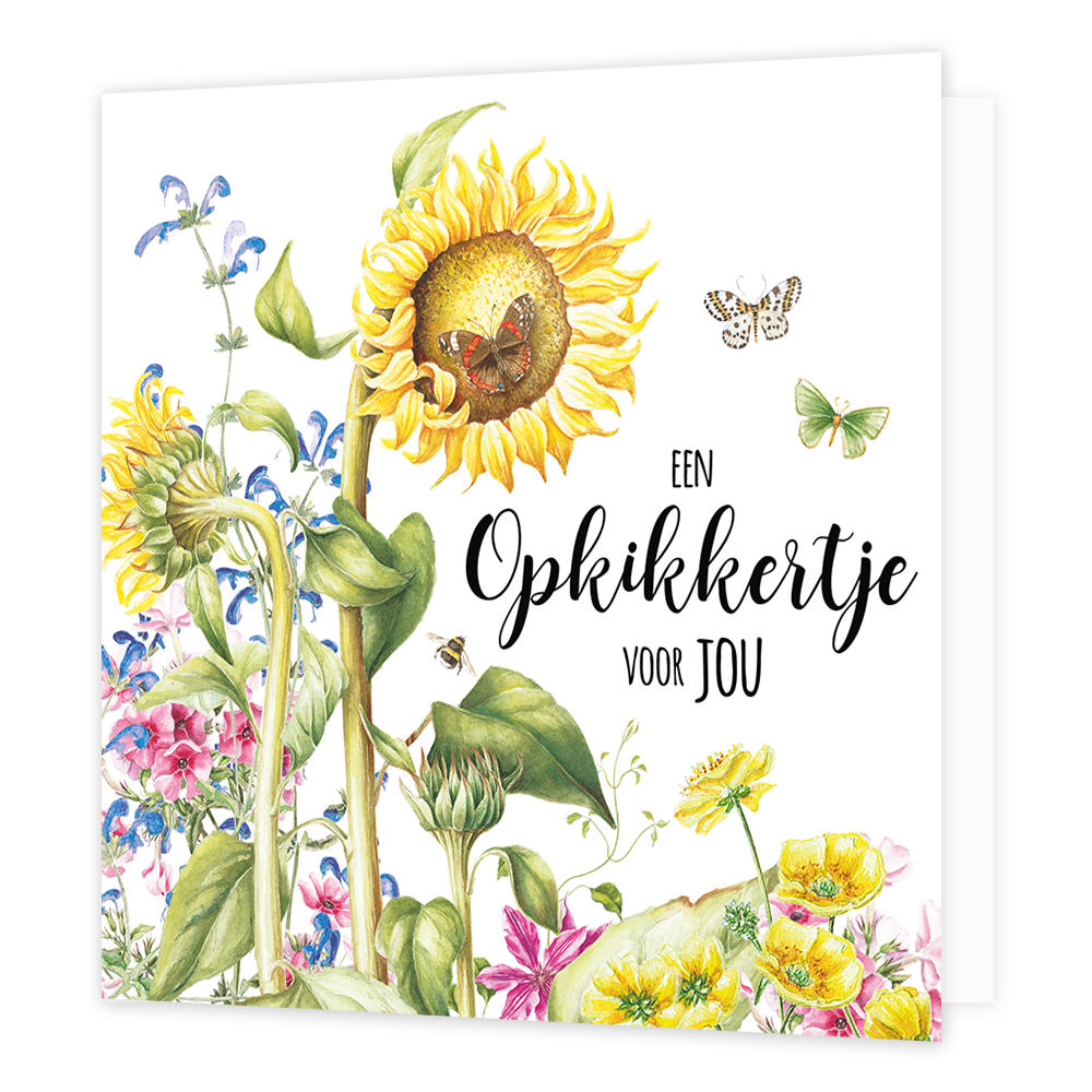 Een opkikkertje voor jou - Formaat: Normaal - Vorm: Vierkant - Opkikker kaart - Op deze wenskaart staan bloemen in de kleuren geel, roze en blauw met de tekst: "Een opkikkertje voor jou". - Snelwenskaart
