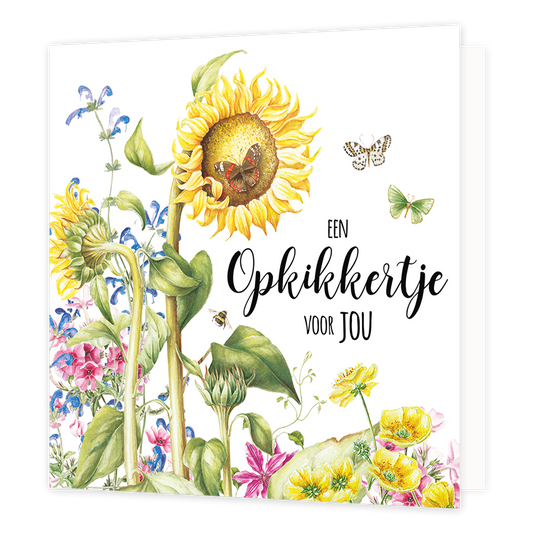 Een opkikkertje voor jou - Formaat: Normaal - Vorm: Vierkant - Opkikker kaart - Op deze wenskaart staan bloemen in de kleuren geel, roze en blauw met de tekst: "Een opkikkertje voor jou". - Snelwenskaart