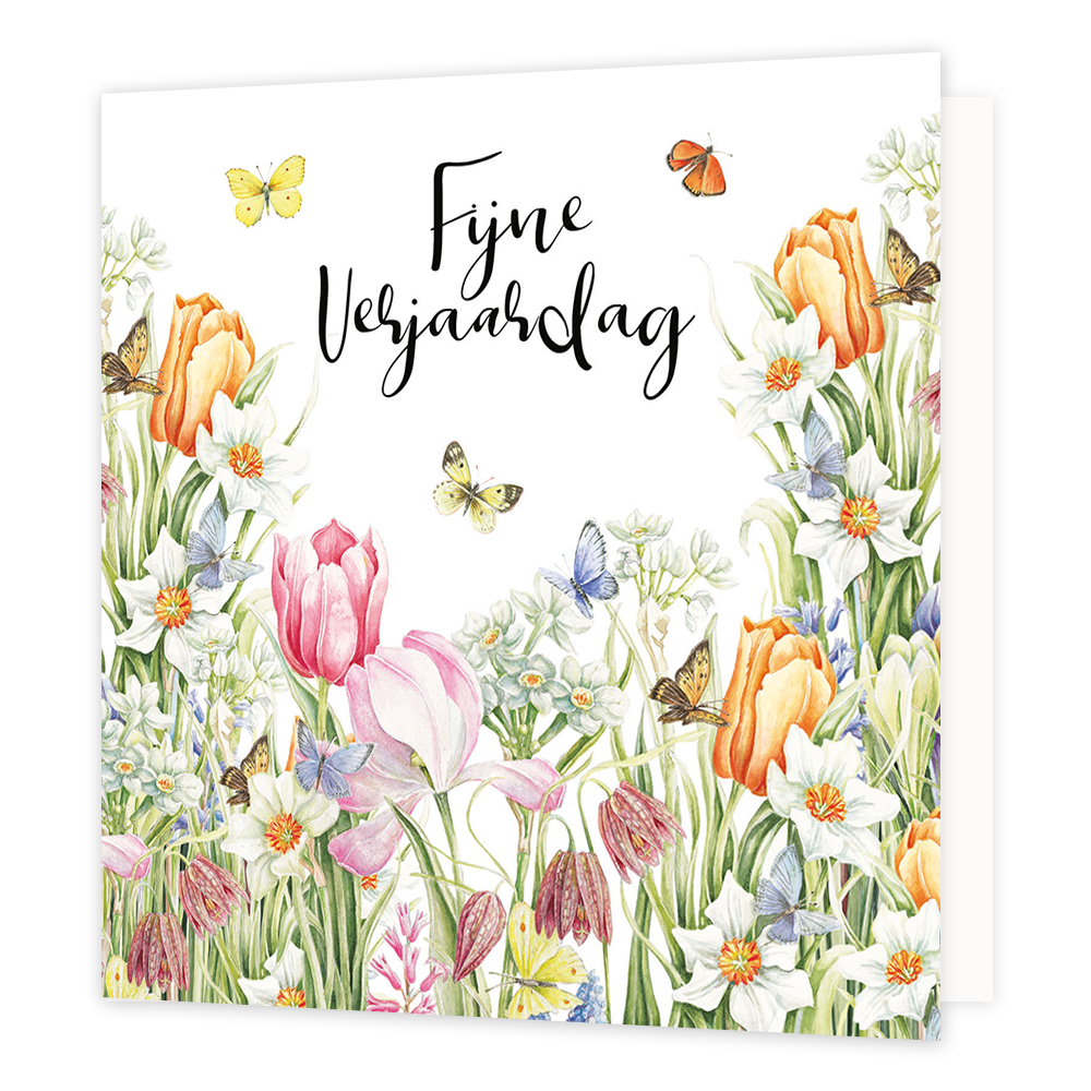 Fijne verjaardag - Formaat: Normaal - Vorm: Vierkant - Verjaardagskaart - Op deze wenskaart staan bloemen in de kleuren roze, geel en oranje, met gele en blauwe vlinders. Boven de illustratie staat de tekst: "Fijne verjaardag". - Snelwenskaart
