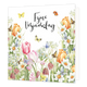 Fijne verjaardag - Formaat: Standaard - Vorm: Vierkant - Verjaardagskaart - Op deze wenskaart staan bloemen in de kleuren roze, geel en oranje, met gele en blauwe vlinders. Boven de illustratie staat de tekst: "Fijne verjaardag". - Snelwenskaart