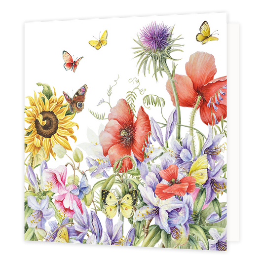 Bloemen - Formaat: Normaal - Vorm: Vierkant - Blanco kaart - Op deze wenskaart staan bloemen in de kleuren rood, geel, paars en roze met vlinders in de kleuren geel, rood en bruin. - Snelwenskaart