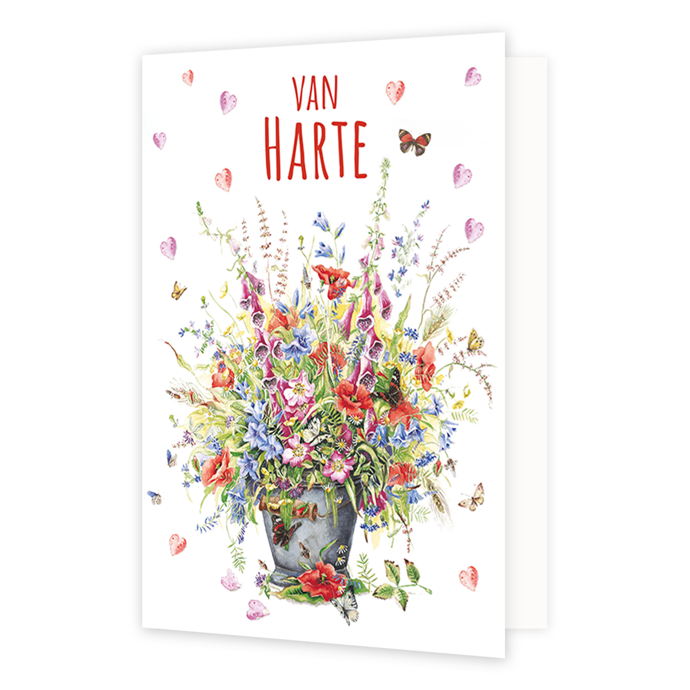 Van harte - Formaat: Standaard - Vorm: Staand - Felicitatiekaart - Op deze wenskaart staan bloemen in de kleuren rood, paars, roze en groen met daarboven roze hartjes en de tekst: "Van harte". - Snelwenskaart