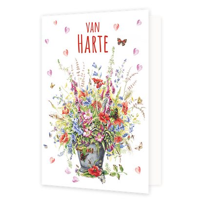 Van harte - Formaat: Standaard - Vorm: Staand - Felicitatiekaart - Op deze wenskaart staan bloemen in de kleuren rood, paars, roze en groen met daarboven roze hartjes en de tekst: "Van harte". - Snelwenskaart