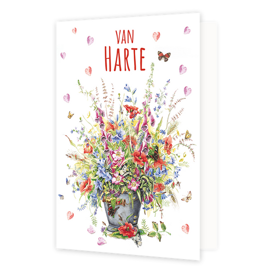 Van harte - Formaat: Normaal - Vorm: Staand - Felicitatiekaart - Op deze wenskaart staan bloemen in de kleuren rood, paars, roze en groen met daarboven roze hartjes en de tekst: "Van harte". - Snelwenskaart