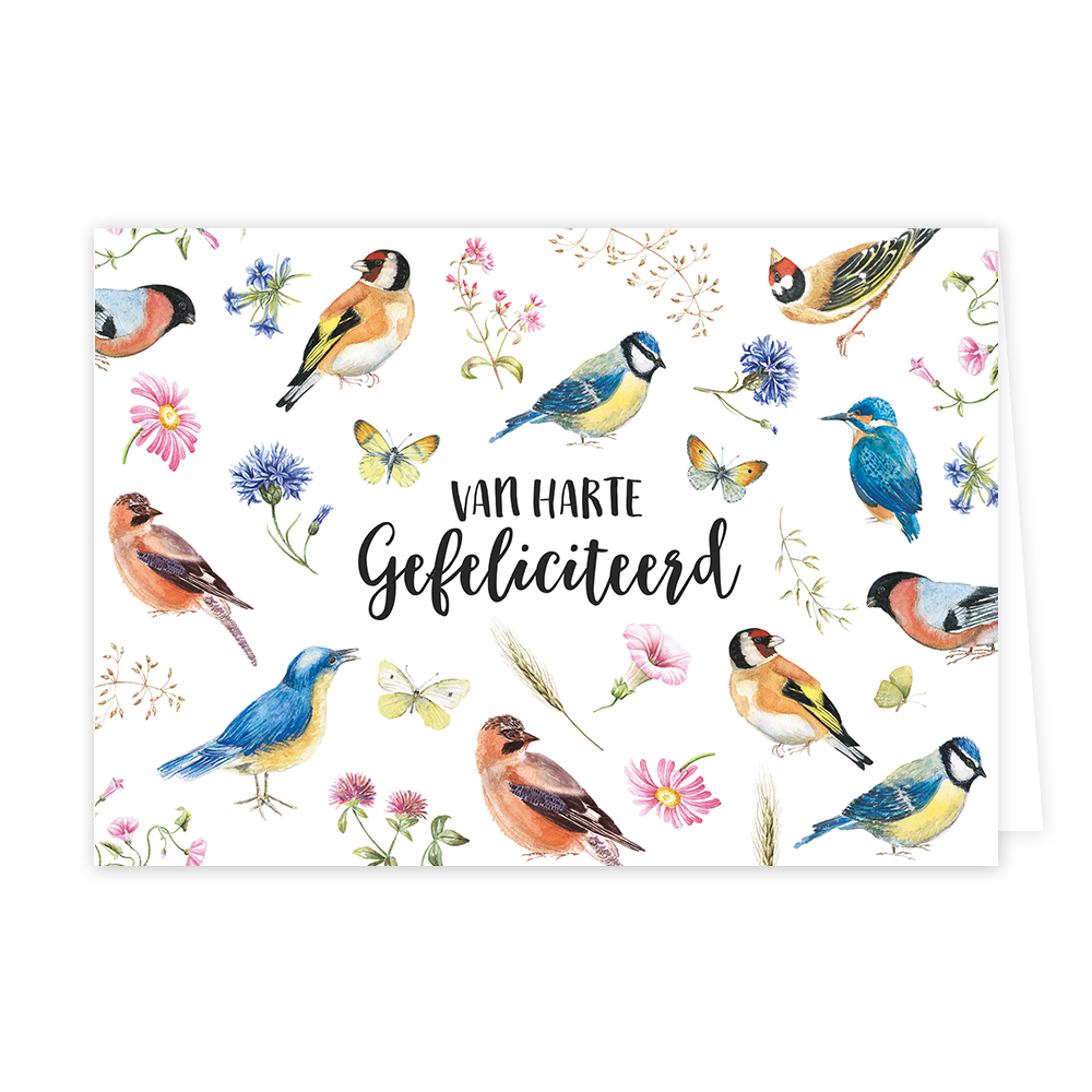 Van harte gefeliciteerd - Formaat: Standaard - Vorm: Liggend - Felicitatiekaart - Op deze wenskaart staan vogels, vlinders en bloemen met in het midden de tekst: "Van harte gefeliciteerd". - Snelwenskaart