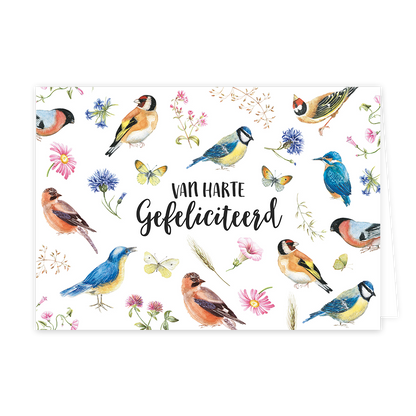 Van harte gefeliciteerd - Formaat: Standaard - Vorm: Liggend - Felicitatiekaart - Op deze wenskaart staan vogels, vlinders en bloemen met in het midden de tekst: "Van harte gefeliciteerd". - Snelwenskaart