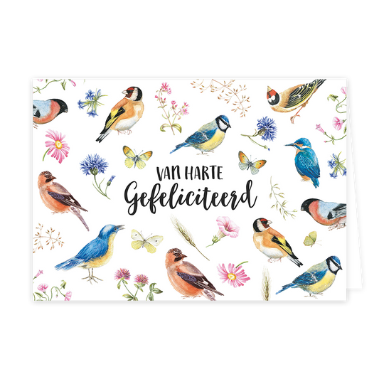 Van harte gefeliciteerd - Formaat: Normaal - Vorm: Liggend - Felicitatiekaart - Op deze wenskaart staan vogels, vlinders en bloemen met in het midden de tekst: "Van harte gefeliciteerd". - Snelwenskaart