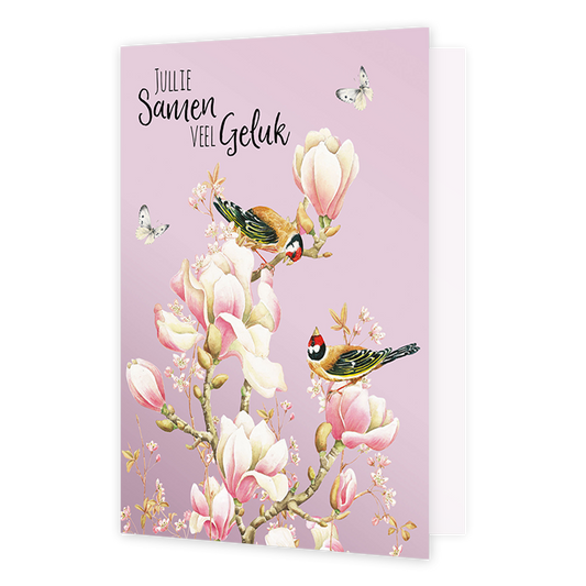 Jullie samen veel geluk - Formaat: Normaal - Vorm: Staand - Huwelijkskaart - Op deze wenskaart staan bloemen, vogels en vlinders met daarboven de tekst: "Jullie samen veel geluk". - Snelwenskaart