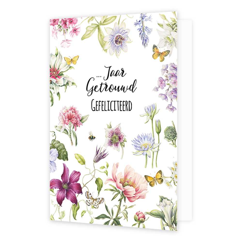 Jaar getrouwd gefeliciteerd - Formaat: Normaal - Vorm: Staand - Huwelijkskaart - Op deze wenskaart staan bloemen en vlinders in de kleuren paars, roze, groen, geel en rood. In het midden staat de tekst: "... Jaar getrouwd gefeliciteerd". - Snelwenskaart