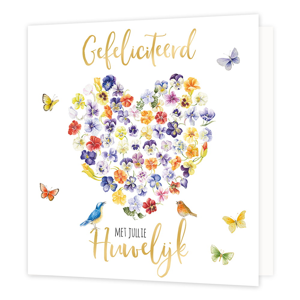 XL kaart - Gefeliciteerd - Formaat: Groot - Vorm: Vierkant - Huwelijkskaart - Op deze wenskaart staat een hart gemaakt van bloemen, omringt door vlinders en vogels. In de illustratie staat de tekst: "Gefelicteerd met jullie huwelijk". - Snelwenskaart