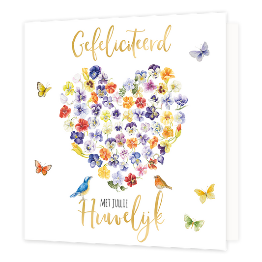 XL kaart - Gefeliciteerd - Formaat: Groot - Vorm: Vierkant - Huwelijkskaart - Op deze wenskaart staat een hart gemaakt van bloemen, omringt door vlinders en vogels. In de illustratie staat de tekst: "Gefelicteerd met jullie huwelijk". - Snelwenskaart
