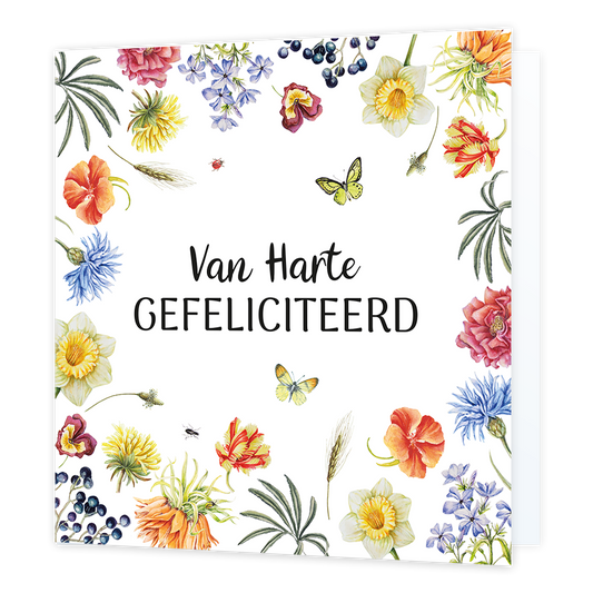 XL kaart - Van harte gefeliciteerd - Formaat: Groot - Vorm: Vierkant - Felicitatiekaart - Op deze wenskaart staan bloemen in de kleuren blauw, oranje, geel en paars met de tekst: "Van harte gefeliciteerd". - Snelwenskaart
