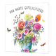 Van harte gefeliciteerd - Formaat: Groot - Vorm: Vierkant - Felicitatiekaart - Op deze wenskaart staat een gedetailleerde aquarelillustratie van een rijk gevulde, blauwe emmer met een kleurrijk boeket van diverse bloemen, bessen en groen. Rondom het boeket vliegen verschillende vlinders en een bij tegen een witte achtergrond. In een boog boven het boeket staat de tekst "VAN HARTE GEFELICITEERD" in zwarte hoofdletters. De illustratie kenmerkt zich door een botanische stijl met veel aandacht voor natuurlijke