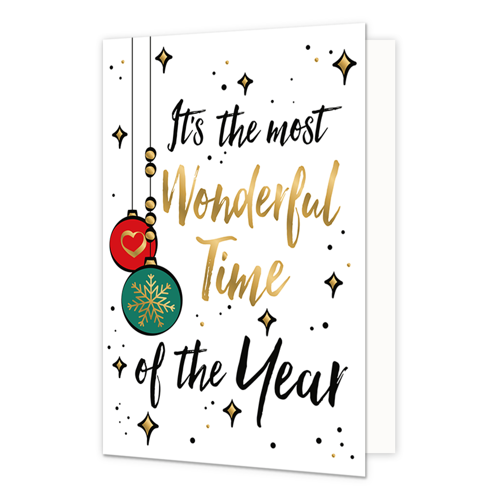 It's the most wonderful time - Formaat: Normaal - Vorm: Staand - Kerstkaart - Op deze kerstkaart staan kerstballen en de tekst: "It's the most wonderful time of the year". - Snelwenskaart