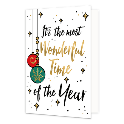 It's the most wonderful time - Formaat: Normaal - Vorm: Staand - Kerstkaart - Op deze kerstkaart staan kerstballen en de tekst: "It's the most wonderful time of the year". - Snelwenskaart