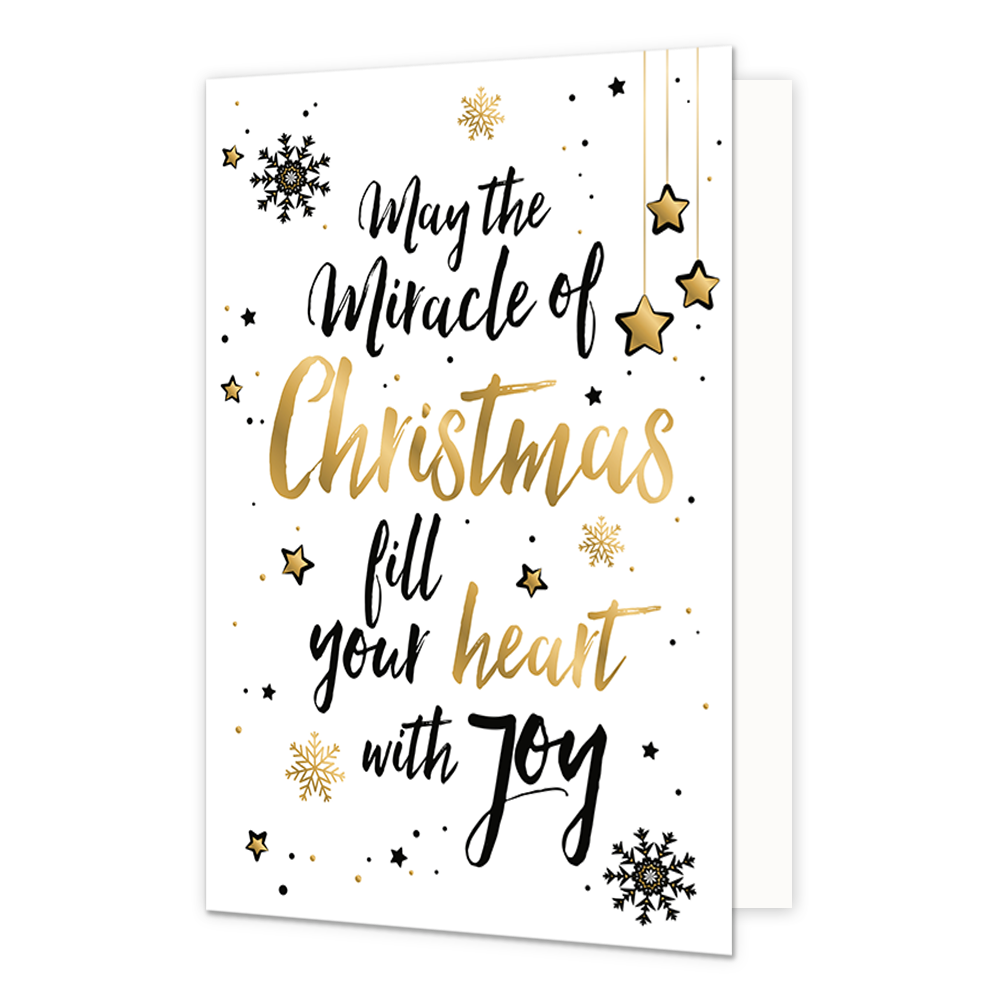 May the miracle of christmas - Formaat: Normaal - Vorm: Staand - Kerstkaart - Op deze kerstkaart staan sneeuwvlokjes en sterren met in het midden de tekst: "May the miracle of christmas fill your heart with joy". - Snelwenskaart