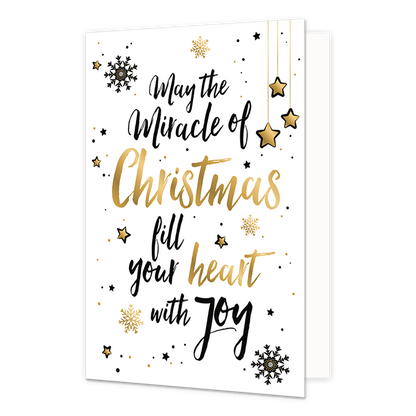 May the miracle of christmas - Formaat: Normaal - Vorm: Staand - Kerstkaart - Op deze kerstkaart staan sneeuwvlokjes en sterren met in het midden de tekst: "May the miracle of christmas fill your heart with joy". - Snelwenskaart