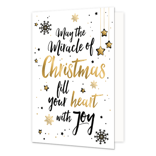 May the miracle of christmas - Formaat: Normaal - Vorm: Staand - Kerstkaart - Op deze kerstkaart staan sneeuwvlokjes en sterren met in het midden de tekst: "May the miracle of christmas fill your heart with joy". - Snelwenskaart