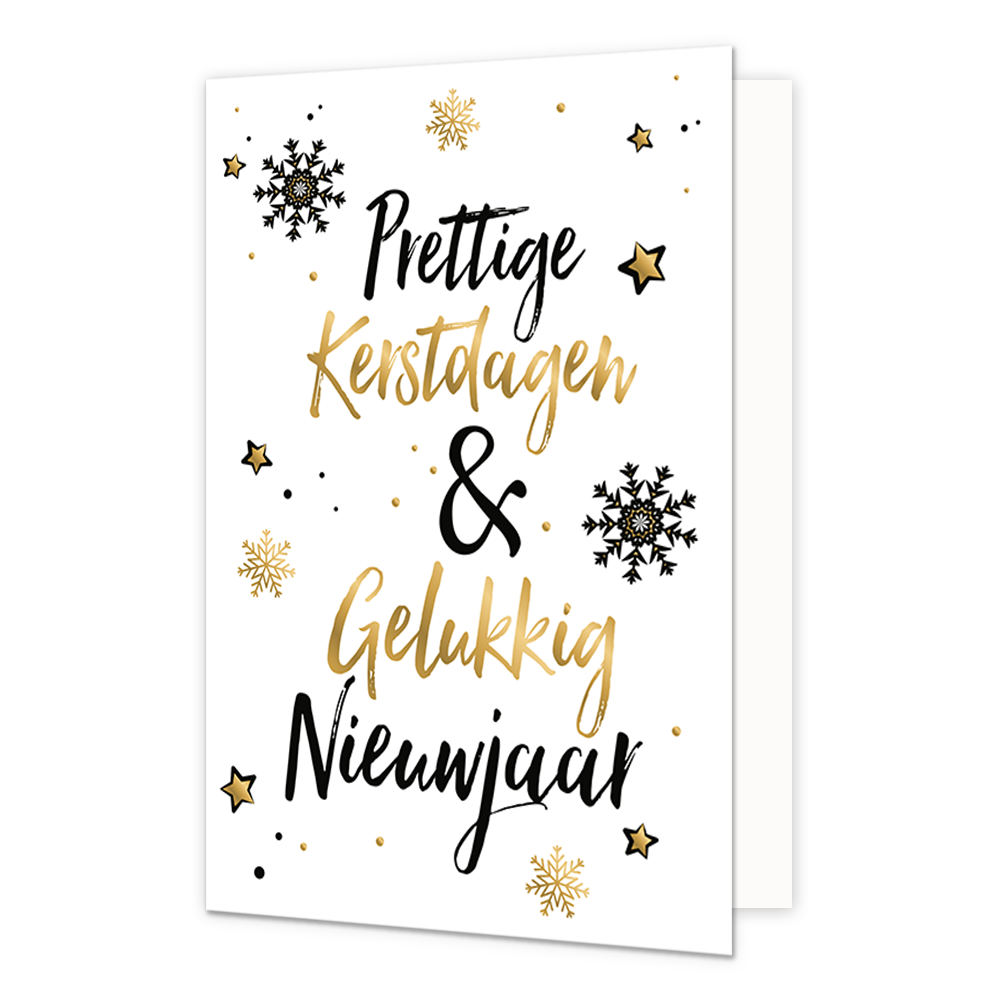 Prettige kerstdagen - Formaat: Normaal - Vorm: Staand - Kerstkaart - Op deze kerstkaart staan sterren en sneeuwvlokjes met in het midden de tekst: "Prettige kerstdagen & gelukkig nieuwjaar". - Snelwenskaart