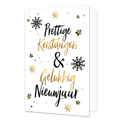 Prettige kerstdagen - Formaat: Normaal - Vorm: Staand - Kerstkaart - Op deze kerstkaart staan sterren en sneeuwvlokjes met in het midden de tekst: "Prettige kerstdagen & gelukkig nieuwjaar". - Snelwenskaart