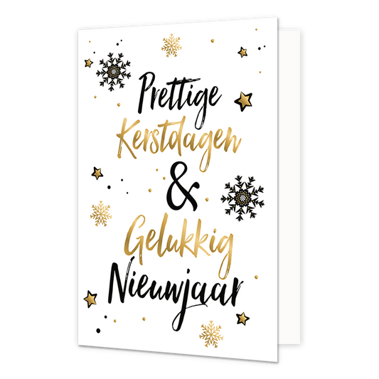 Prettige kerstdagen - Formaat: Normaal - Vorm: Staand - Kerstkaart - Op deze kerstkaart staan sterren en sneeuwvlokjes met in het midden de tekst: "Prettige kerstdagen & gelukkig nieuwjaar". - Snelwenskaart