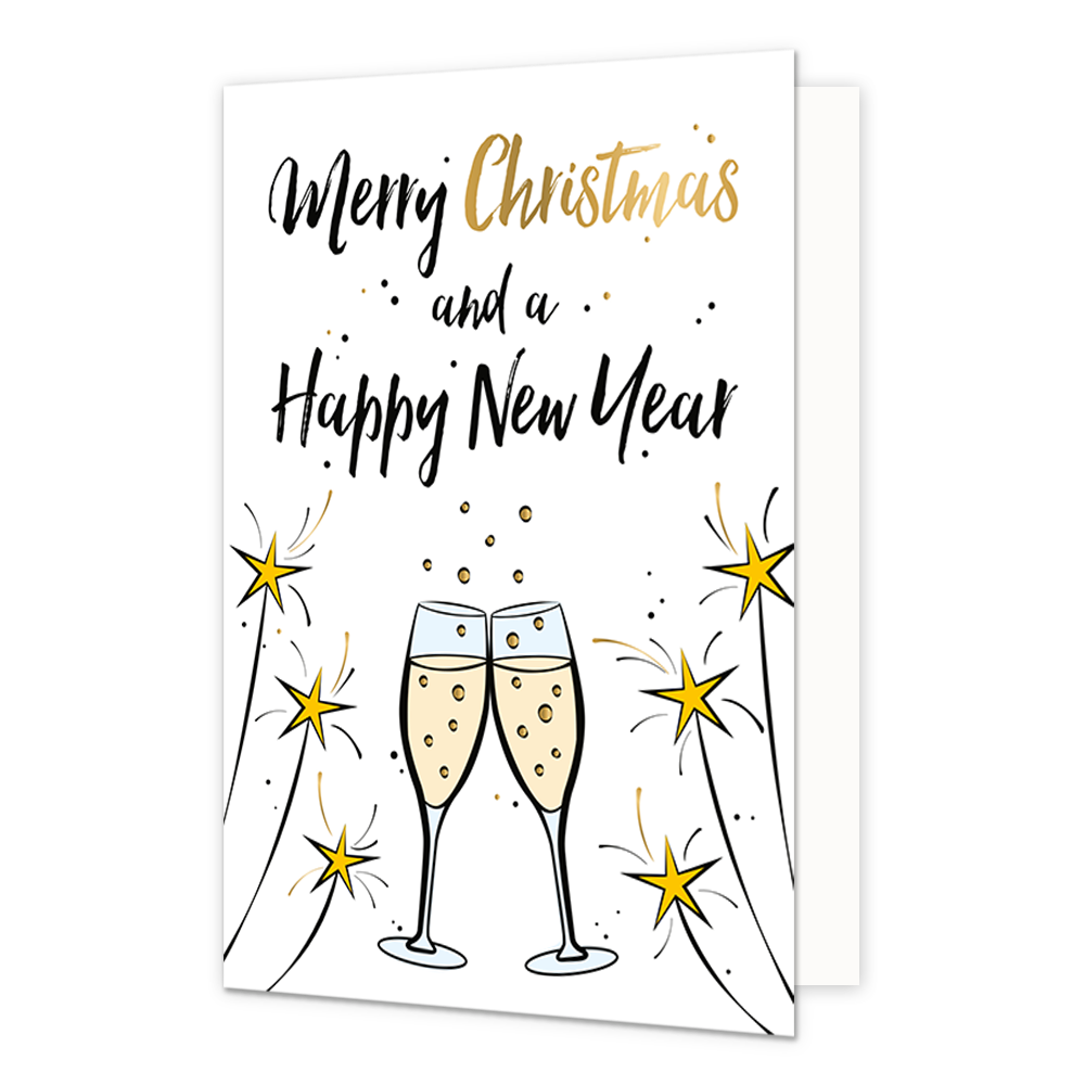 Merry Christmas and a happy new year - Formaat: Standaard - Vorm: Staand - Kerstkaart - Op deze kerstkaart staan champagneglazen en sterretjesvuurwerk met daarboven de tekst: "Merry christmas and a happy new year". - Snelwenskaart