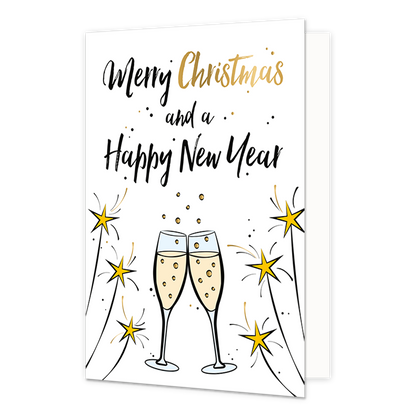 Merry Christmas and a happy new year - Formaat: Standaard - Vorm: Staand - Kerstkaart - Op deze kerstkaart staan champagneglazen en sterretjesvuurwerk met daarboven de tekst: "Merry christmas and a happy new year". - Snelwenskaart