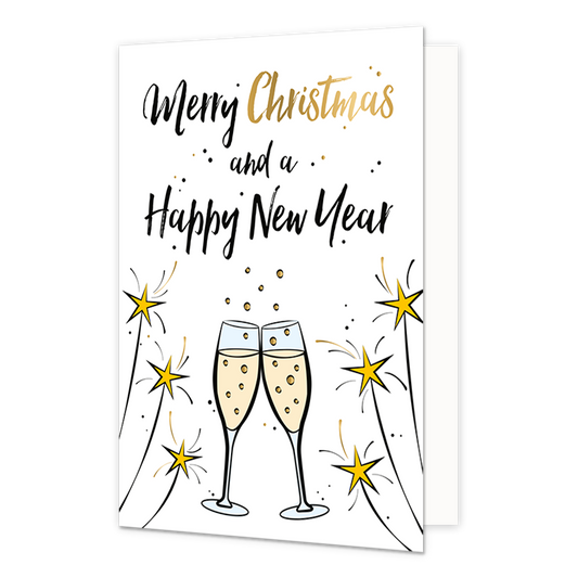 Merry Christmas and a happy new year - Formaat: Normaal - Vorm: Staand - Kerstkaart - Op deze kerstkaart staan champagneglazen en sterretjesvuurwerk met daarboven de tekst: "Merry christmas and a happy new year". - Snelwenskaart